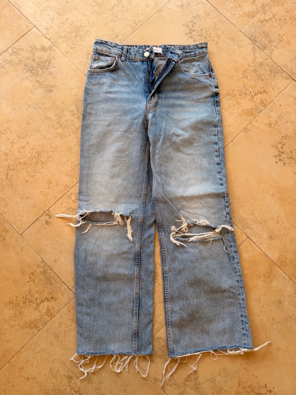 Zara Light Blue Distressed Wide-Leg Jeans